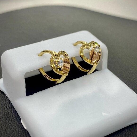 Heart CZ Two Tone Huggies Hoop Earrings for Womens Girls 14K Yellow Gold 11x11mm